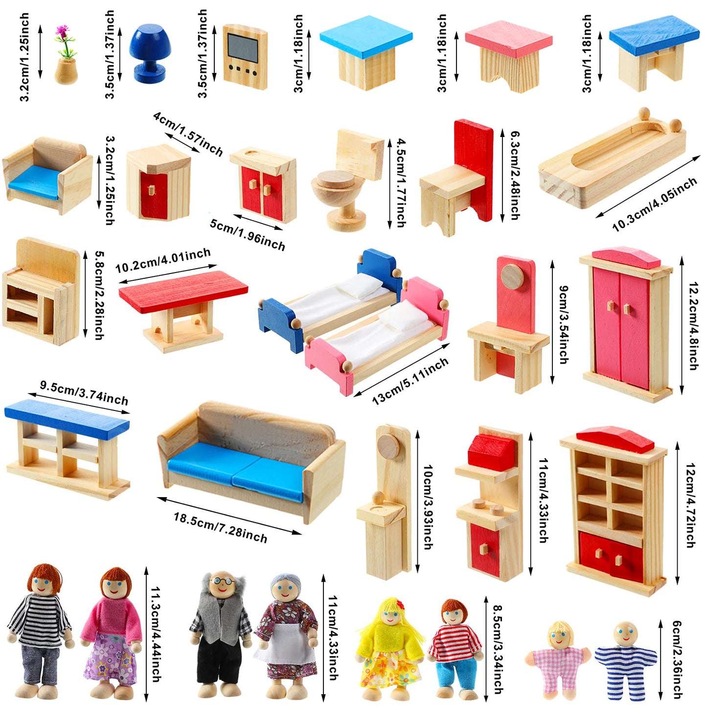 Sumind 35 Pcs Wooden Dollhouse Furniture with 8 Family Figures, Montessori Educational Wood Dolls House Accessories for 1:12 Scale, Preschool Imaginative Play Kit for Girls and Boys