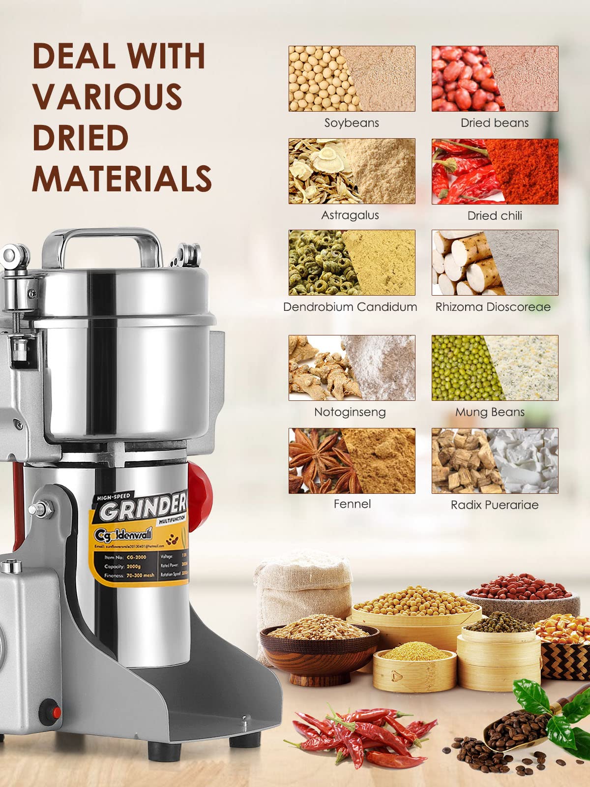 CGOLDENWALL 700g Electric Grain Grinder Mill Safety Upgraded 2400W High-speed Spice Herb Grinder Commercial Superfine Grinding Machine Dry Cereals Pulverizer CE 110V (700g Swing Type)