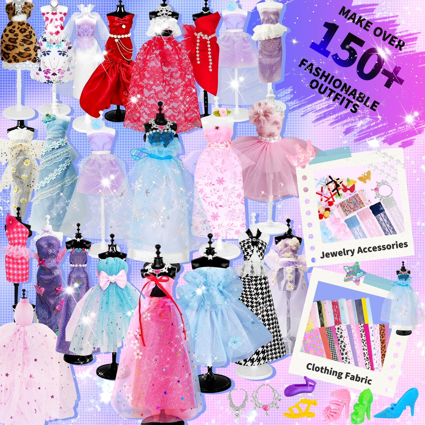 1000+ PCS Fashion Designer Kits for Girls, Sewing Kit for Kids with 4 Mannequins, DIY Doll Clothes Dress Making Kit, Arts and Crafts Sewing Kit Birthday Gifts for Teen Girls Age 6 7 8 9 10 11 12+