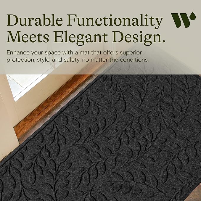 WaterHog Welcome Mat for Indoor/Outdoor, 3’ x 5’, Made in USA, Durable & Water-Resistant, Dirt Trapping Mat, Decorative Front Door and Entryway Rug, Brittney Leaf Design, Charcoal