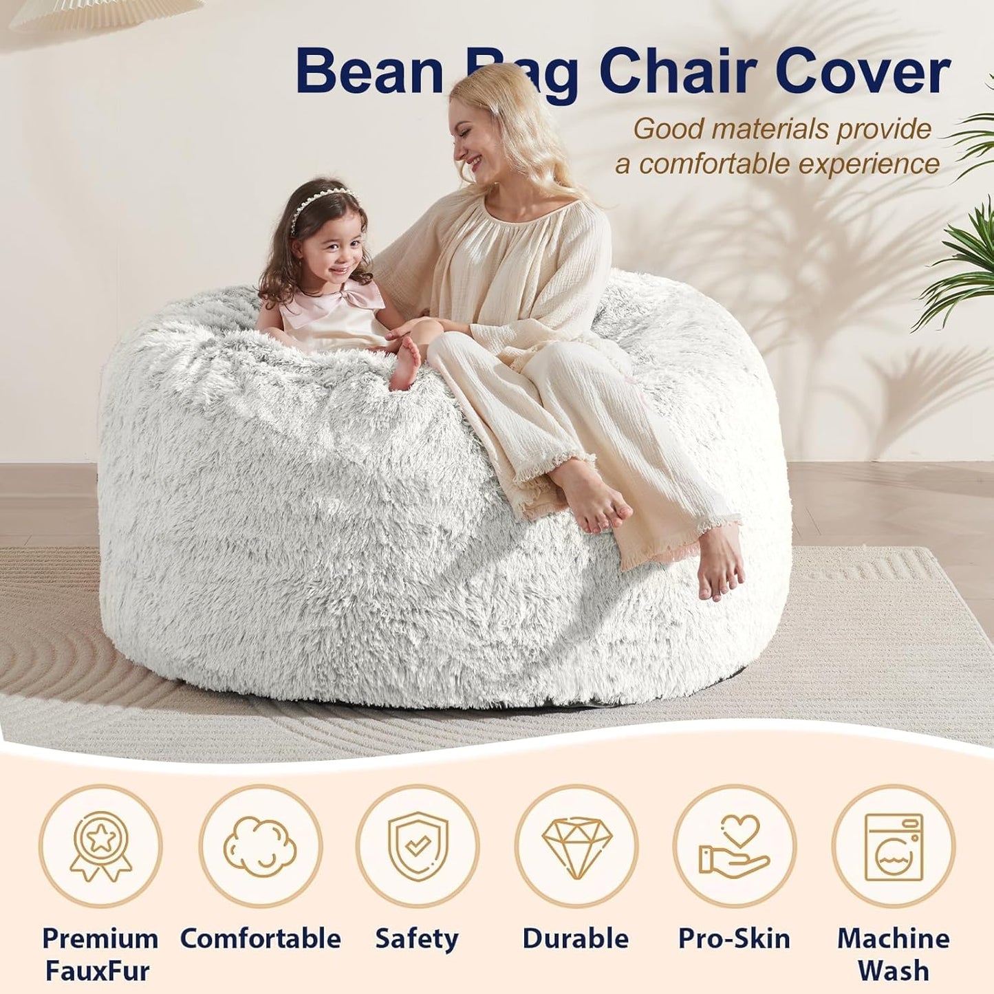 Stuffed Animal Storage Bean Bag (Cover Only), Adult Bean Bag Chair Covers Machine Washable, 5FT White Bean Bag Chair Without Filler Included