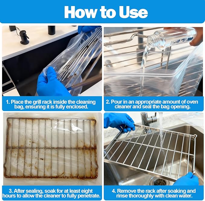 XANGNIER 5 Pack No Scrub Oven Rack Cleaning Bags,No Cleaner Included,Simple to Use,No Messy Hands Reusable Leakproof Soaking Cleaner Bags for Removable Metal Rack,BBQ Grills,Grill Grate
