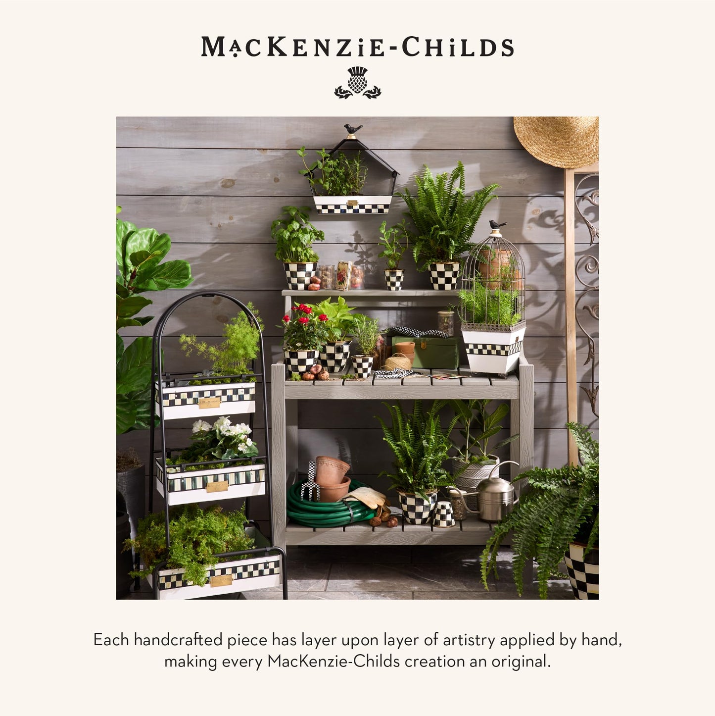 MACKENZIE-CHILDS Enamel Herb Pots, Small Plant Pots for Herbs or Flowers, Set of 3, Black-and-White Courtly Check