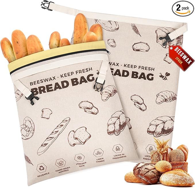 YARRAMATE Beeswax Bread Bags for Homemade Sourdough, Zipper Reusable Linen Food Storage Bags to Keep Loaf Fresh, Large Freezer Safe and Eco Friendly Bread Containers (17x13", 2 Pack)