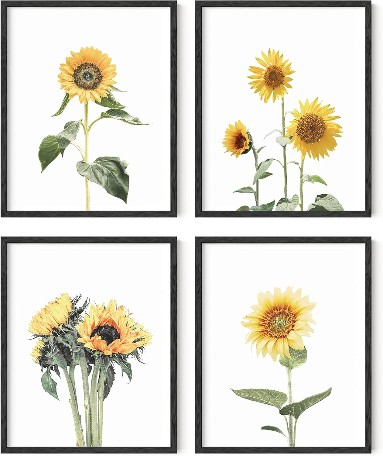 HAUS AND HUES Sunflower Posters - Set of 4, Floral Bedroom Decor, Sunflower Paintings for Wall, Yellow Kitchen Art (8x10, Black Frame)