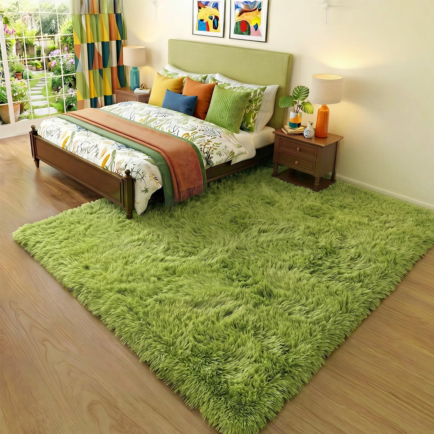 Amdrebio Grass Green Rugs for Living Room Bedroom Decor Aesthetic, 9x12 Large Fluffy Shag Area Rug for Kids Room Baby Nursery Teen Girls Boys, Cool Fuzzy Plush Cute Moss Carpet for Classroom Playroom