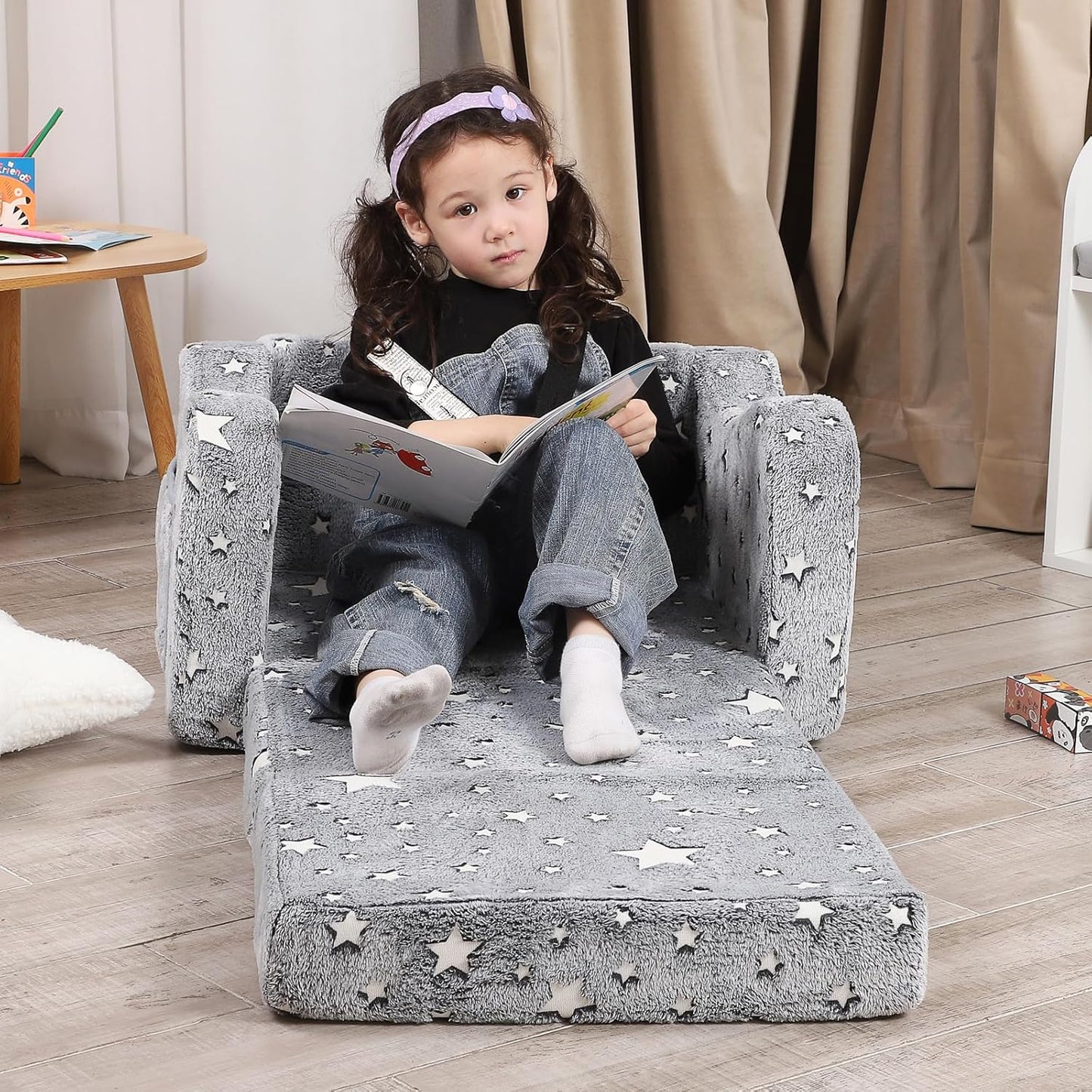 Star Glow in The Dark Toddler Couch, 2-in-1 Toddler Soft Couch Fold Out with Star Pillow, Convertible Sofa to Lounger for Girls and Boys, 1-Seat