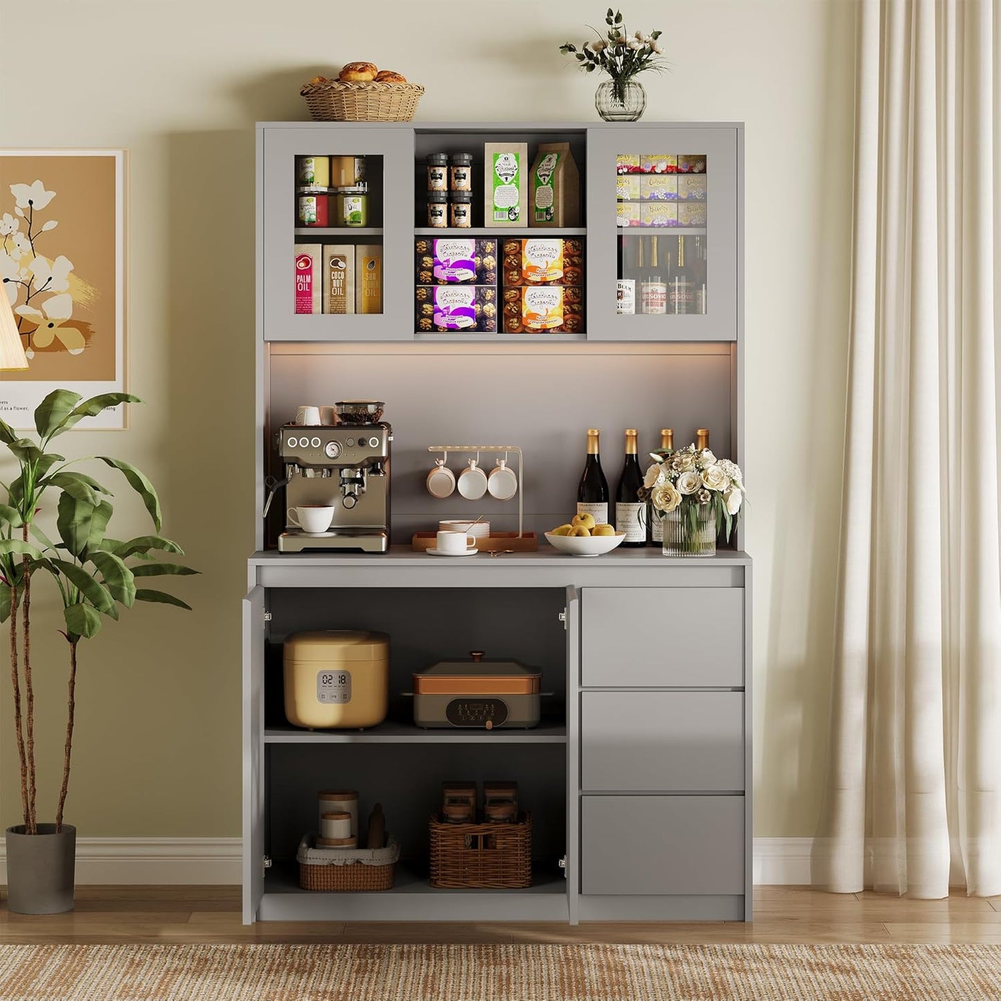 Kitchen Pantry Cabinet,71" Tall Storage Cabinet with Doors and Shelves Adjustable, Kitchen Storage Hutch with Microwave Shelf, Led Lights and Charging Station,Corner Pantry Cabinet,Grey
