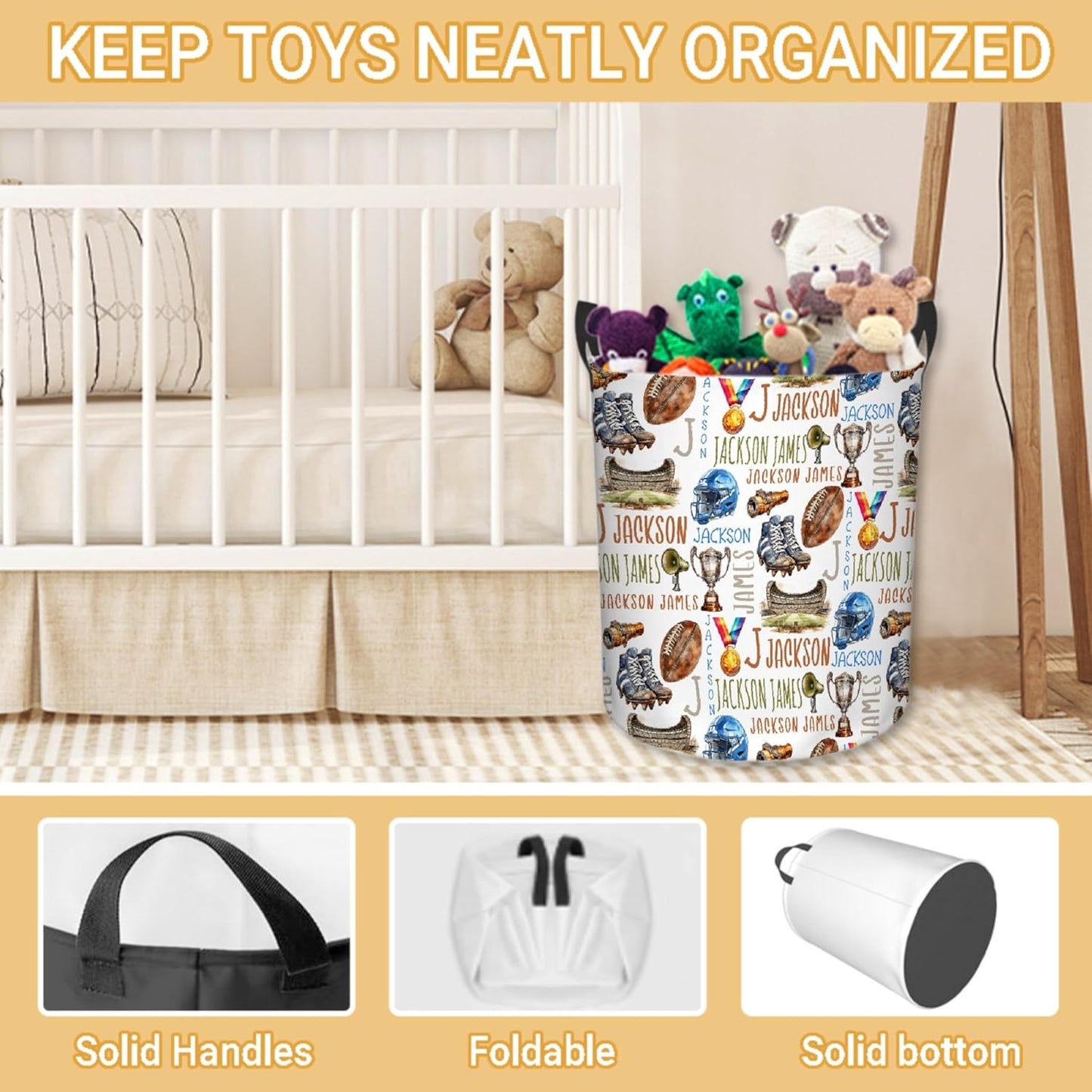 Personalized Football Laundry Basket, Custom Sports Laundry Hamper With Name Gifts For Kids Baby Adults, Collapsible Dirty Clothes Storage Organizer With Handles S 16.5 X 13.8in