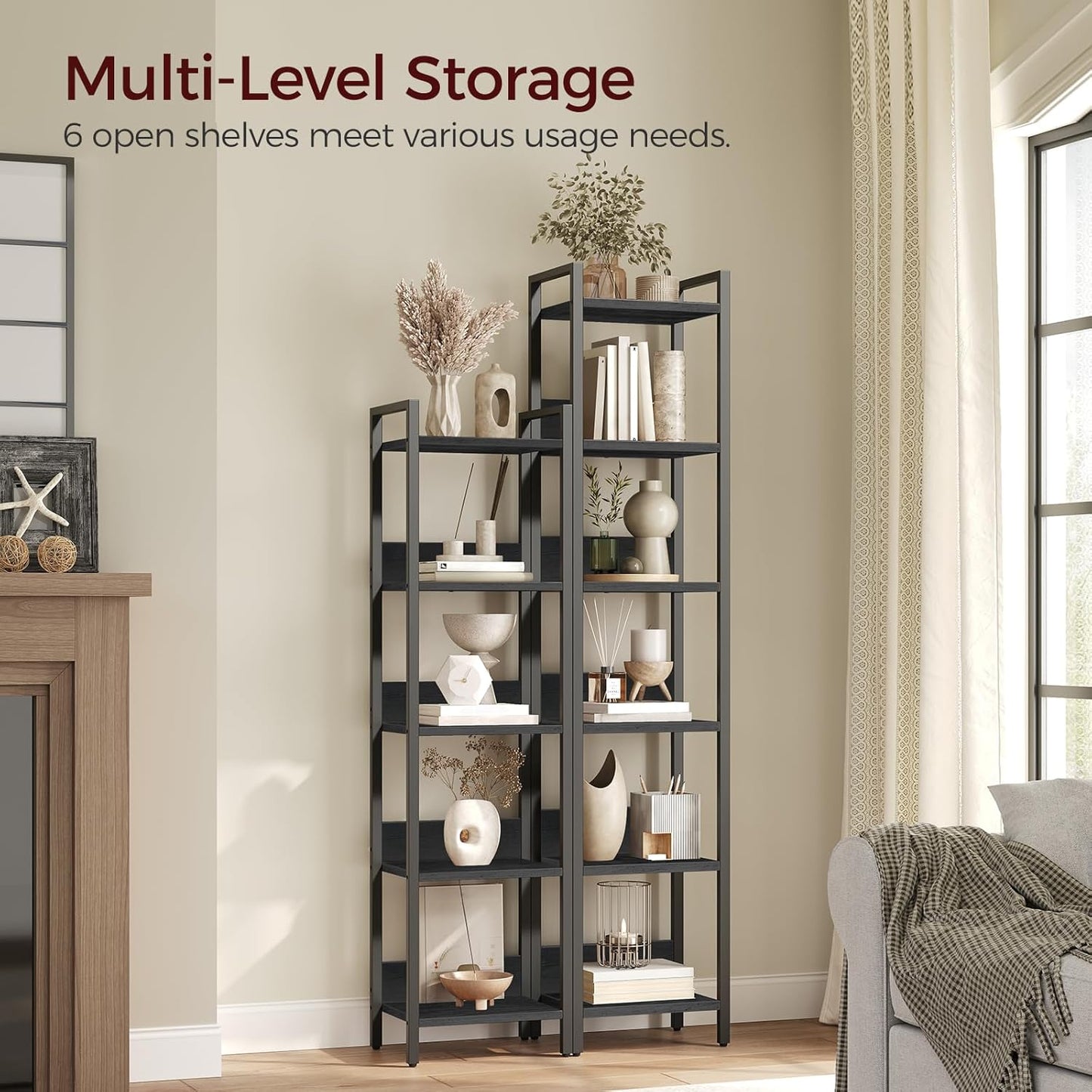 Bookshelf, 6-Tier Bookcase, Standing Book Shelf for Small Space, Storage Shelf Organizer, for Living Room, Bedroom, Study, Balcony, Black BKHB6601