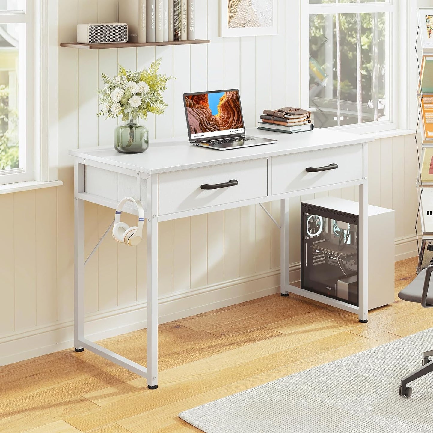 Casaottima 40 Inch Small Office Computer Desk with 2 Drawers & Headphone Hook - Compact Writing Desk for Home Office, Study or Work, Modern Space-Saving Design for Small Spaces, White