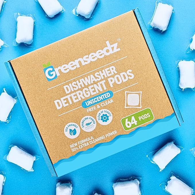 Dishwasher Detergent Pods Free & Clear, Unscented, Eco Friendly, Cuts Grease, 64 Count, Powerful Formula for Sparkling Clean Dishes, Automatic Dishwasher Safe