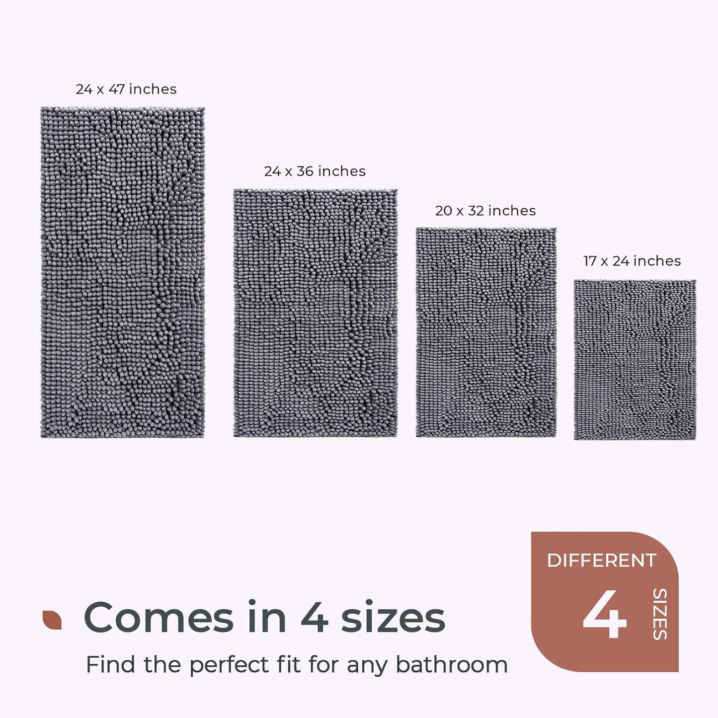 FRESHMINT Chenille Bathroom Rugs Non-Slip Bath Mat 32”x20”, Washable Soft Shower Mat, for Bathroom Floor & Tub Fluffy Shag Bath Rugs, Durable Thick Water Absorbent Microfiber Shower Rugs, Gray