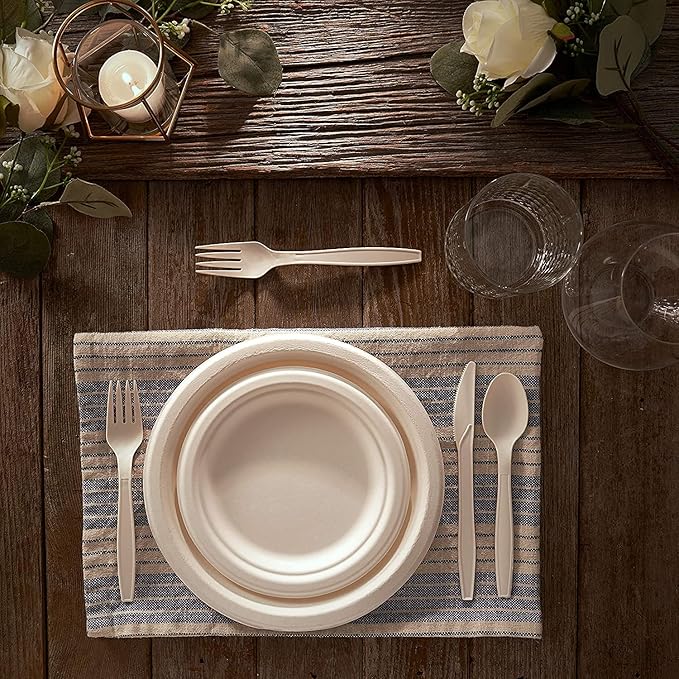 250 Piece (50 Sets) Biodegradable Paper Plates Set (EXTRA LONG UTENSILS), Disposable Dinnerware Set, Eco Friendly Compostable Plates & Utensil include Plates, Bowls, Forks, Knives and Spoons