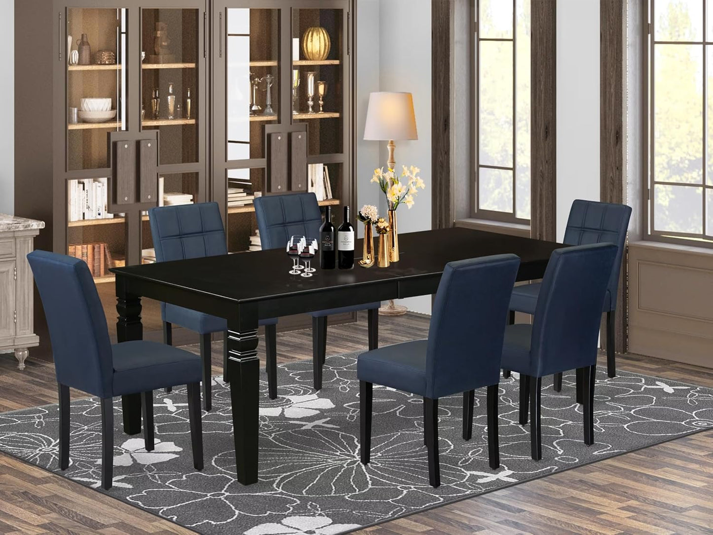 East West Furniture LGAS7-BLK-09 7 Piece Dining Table Set Consists A Wooden Table and 6 Dark Navy Blue Polyester Fabric Modren Dining Chairs with Stylish Back- Black Finish