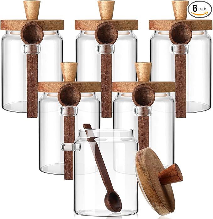 Remerry Set of 6 Glass Jar with Wooden Lid and Spoon, 20 oz Clear Airtight Spice Canisters Glass Food Storage Kitchen Containers Set for Coffee Bean Tea Sugar