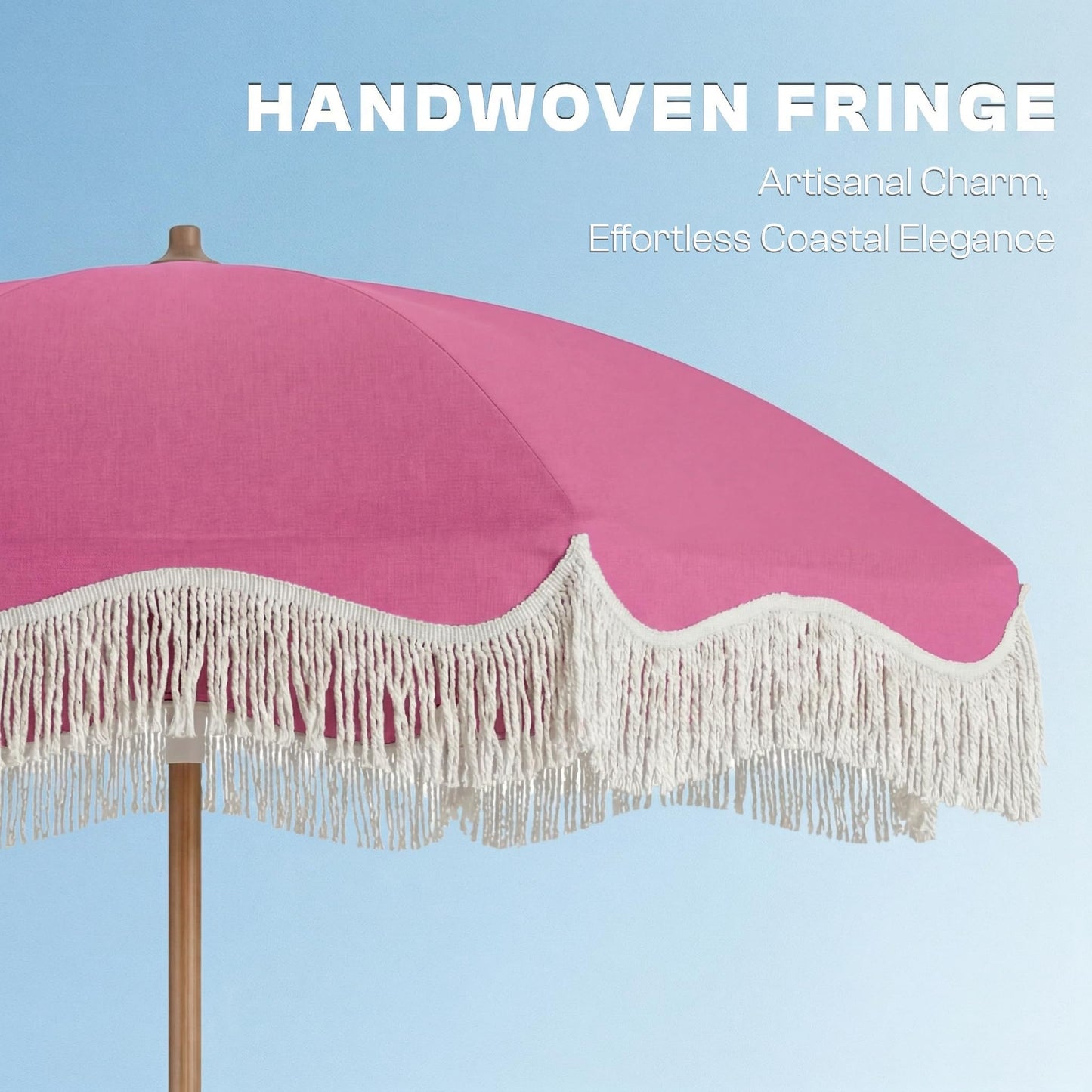 Patio Kingdom 7ft Patio Umbrella with Fringe, Boho Beach Umbrellas, Outdoor Tassels Umbrellas with Push Button Tilt & Carrying Bag, 8 Windproof Fiberglass Ribs, UPF50+, Light Pink