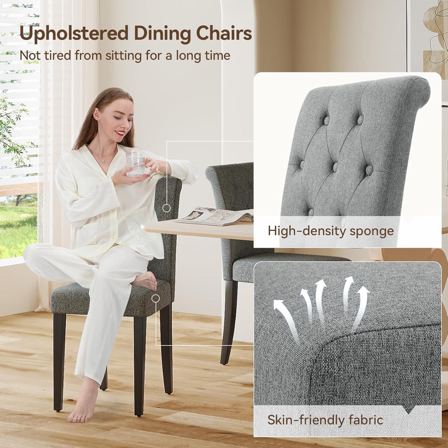 Upholstered Dining Chairs Set of 4, Button Tufted Parsons Dining Chair with Solid Wood Legs, Modern Fabric Side Chair for Dining Room/Kitchen/Restaurant/Hotel- Grey