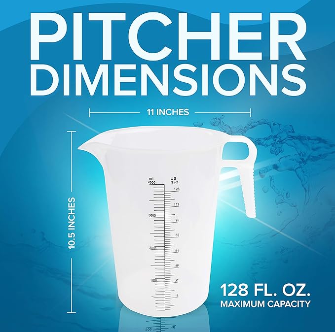 128oz (1 gallon) Measuring Pitcher, Plastic, Multipurpose - Great for Oil, Chemicals, Pool and Lawn - Ounce (oz) and Milliliter (mL) Increments (4000 mL)