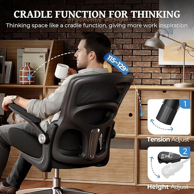 Ergonomic Office Chair - Office Desk Chair with Adjustable Lumbar Support - Mesh Comfy Chair with Flip-Up Arms - Heavy Duty Gaming Chairs for Adults Home and Business