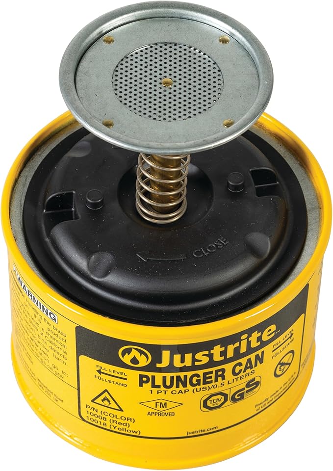 Justrite Plunger Can for Solvents, 1 Pint Capacity, 5.25" x 4.9" Steel Push-Down Solvent Dispenser Can, Made in The USA Industrial Mechanic Tools, Yellow, 10018