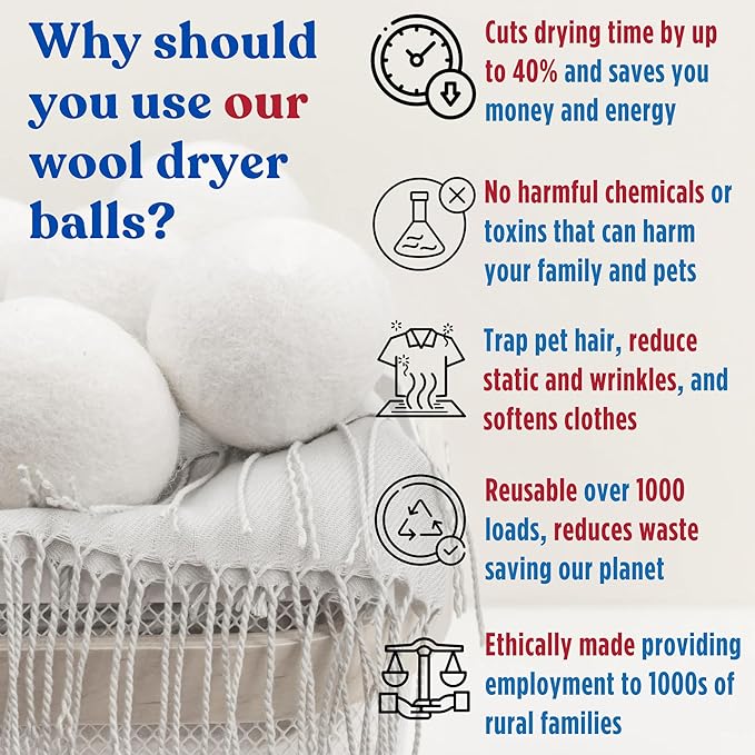 Wool Dryer Balls Organic Premium | 4 Balls XL, Ethically & Humanely Made, Natural Fabric Softener, Laundry Dryer Balls Reusable, Wrinkle Release, Organic Fabric Softener Ball, Say No! to Dryer Sheets