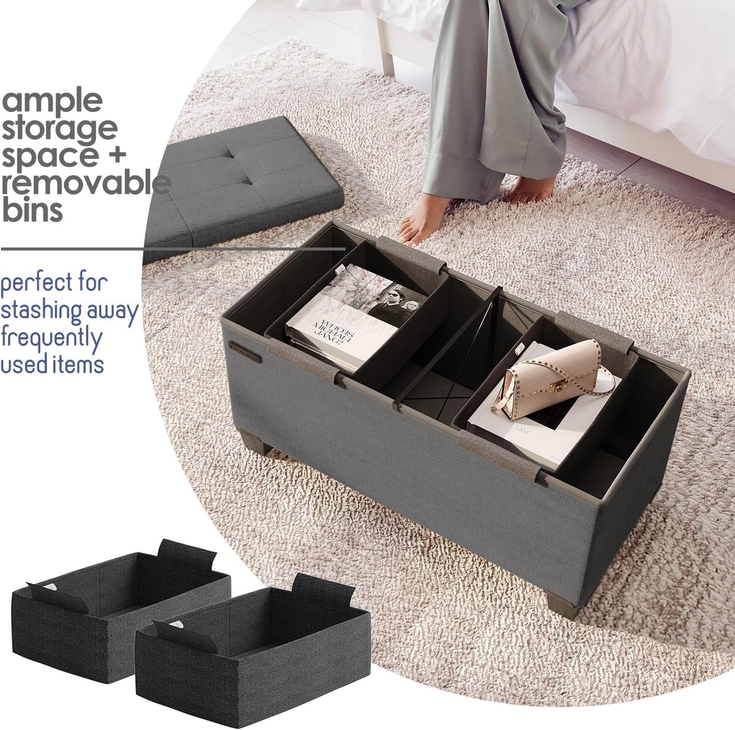STORAGEBUD Storage Ottoman Bench with Bins, 30-in Storage Bench for Bedroom End of Bed, Folding Foot Rest Ottoman for Living Room Max 660lbs, Fabric Ottomans, Grey