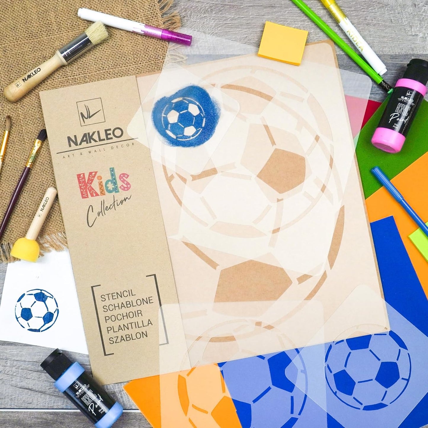 NAKLEO Painting Stencils Set for Kids, 5 Pcs Templates 3.5" to 13.4" Ball Football Sport, Plastic and Reusable Drawing Stencils, Children Room Decor, Craft DIY Wall Furniture