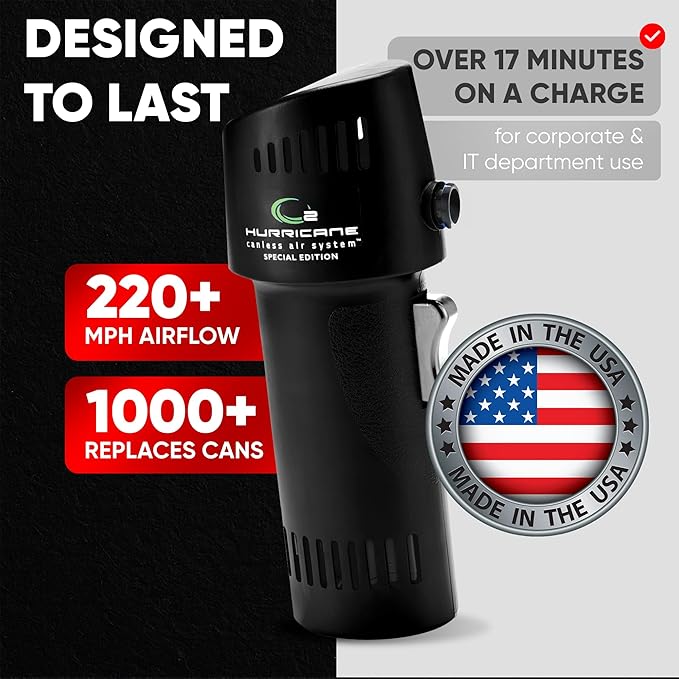 O2 Industrial Hurricane Compressed Air Duster - Powerful Cordless Compressed Air Cleaner, Rechargeable Mini Dust Fan Electric Blower for Computer, Keyboard, Electronics, Car Detailing, Home Cleaning