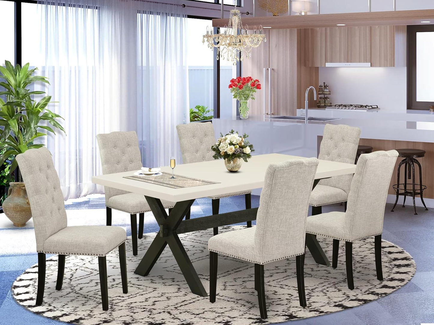 East West Furniture X627EL635-7 7 Piece Dining Table Set Consist of a Rectangle Dining Room Table with X-Legs and 6 Doeskin Linen Fabric Upholstered Chairs, 40x72 Inch, Multi-Color