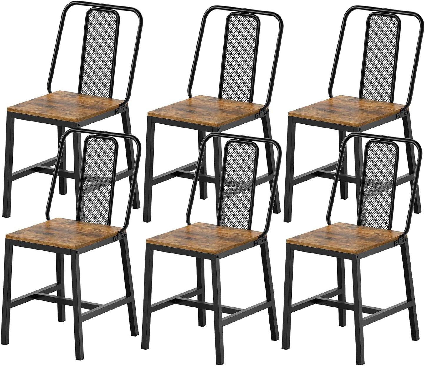 Dining Chairs Set of 6, Wooden Kitchen Chairs, Farmhouse Dining Chairs with Back Support, for Living Room, Kitchen, Rustic Brown and Black CY01L6BR