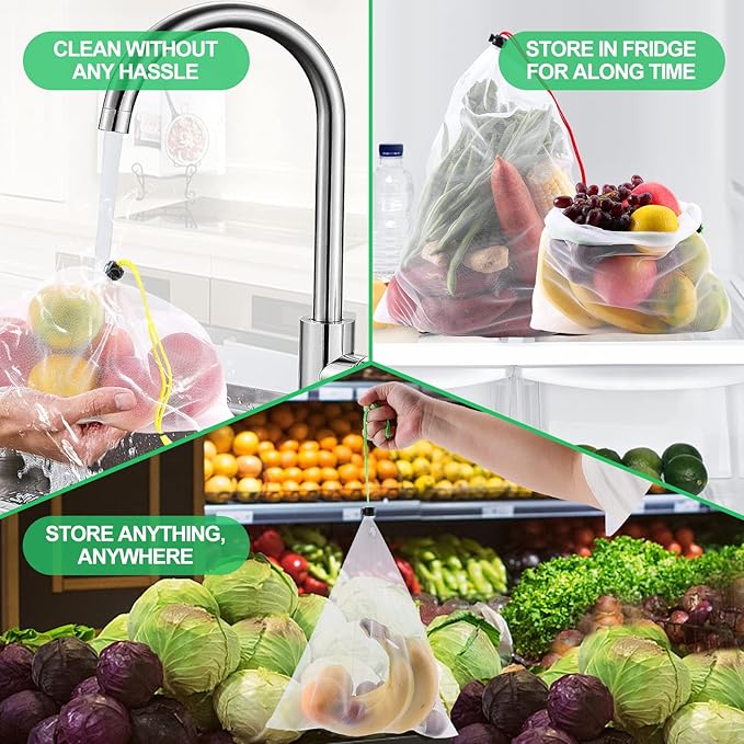 20 Pack Reusable Produce Bags,Mesh Produce Bags Washable,See-Through Vegetables Fruits Bag,Premium Strength Toy Storage Mesh Bags with Drawstring for Fruits Vegetables Fridge Storage Toys,3 Sizes