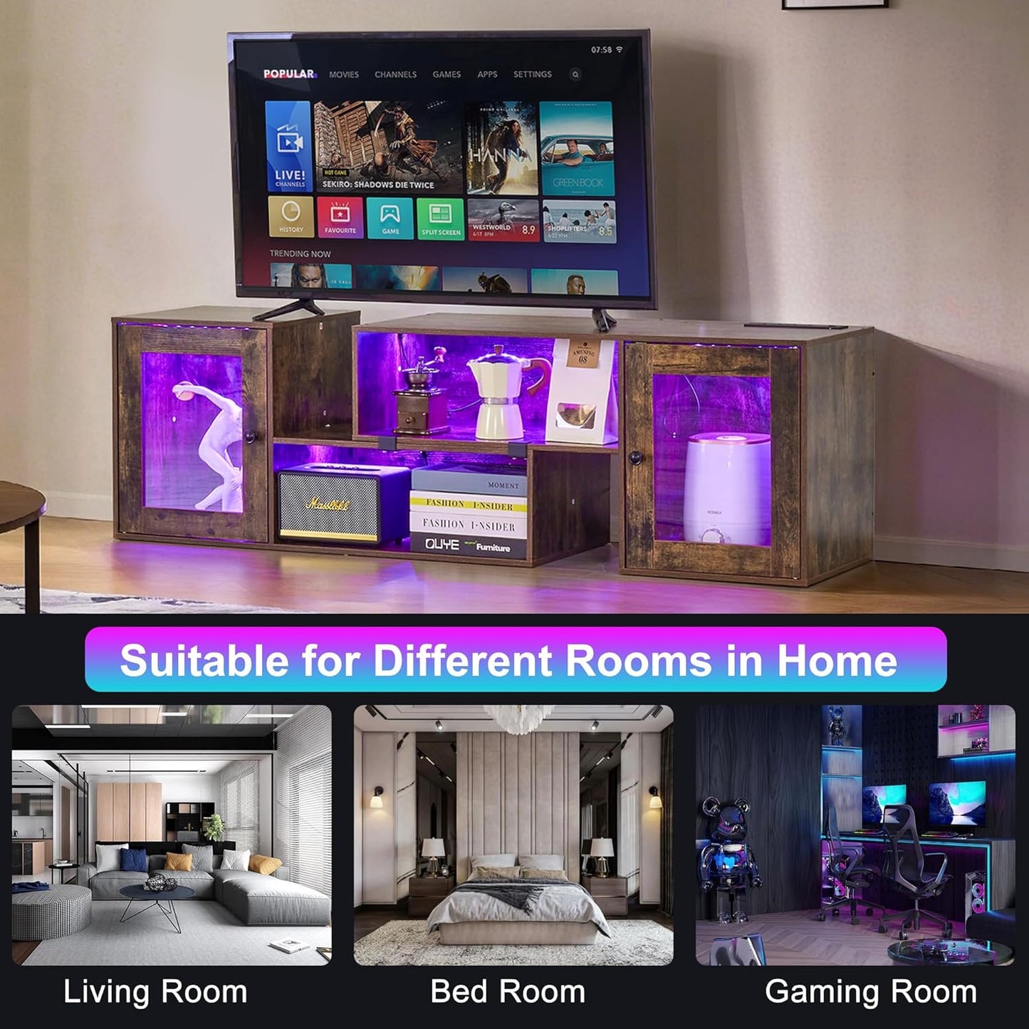 VECELO LED TV Stand for Televisions up to 70 Inchs Modern Entertainment Center with Storage, Media Console with 23 Flashing Options and 4 Customizable Modes for Living Room, Bedroom