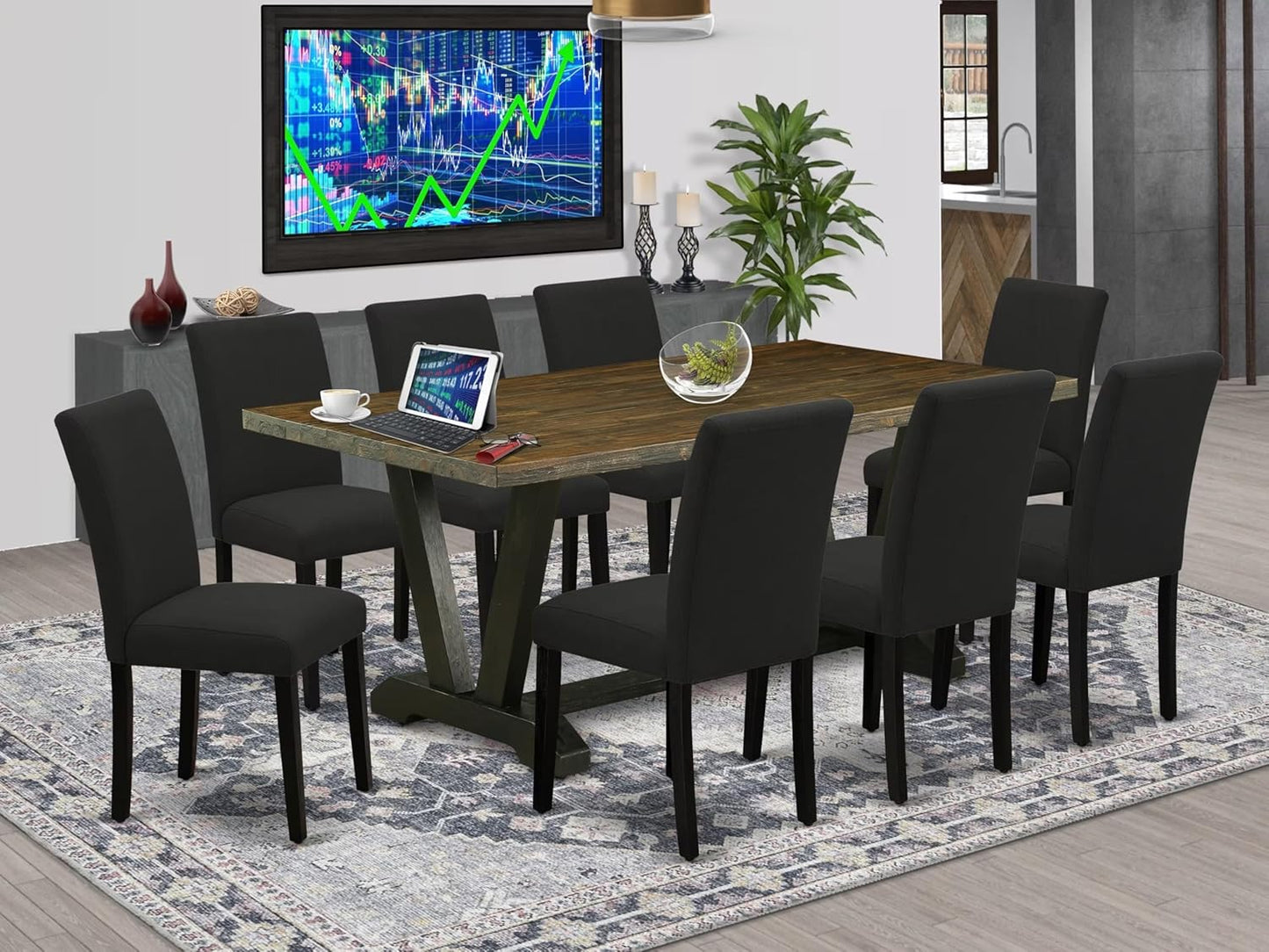 East West Furniture V677AB624-9 9 Piece Dining Set Includes a Rectangle Dining Room Table with V-Legs and 8 Black Color Linen Fabric Upholstered Parson Chairs, 40x72 Inch, Multi-Color