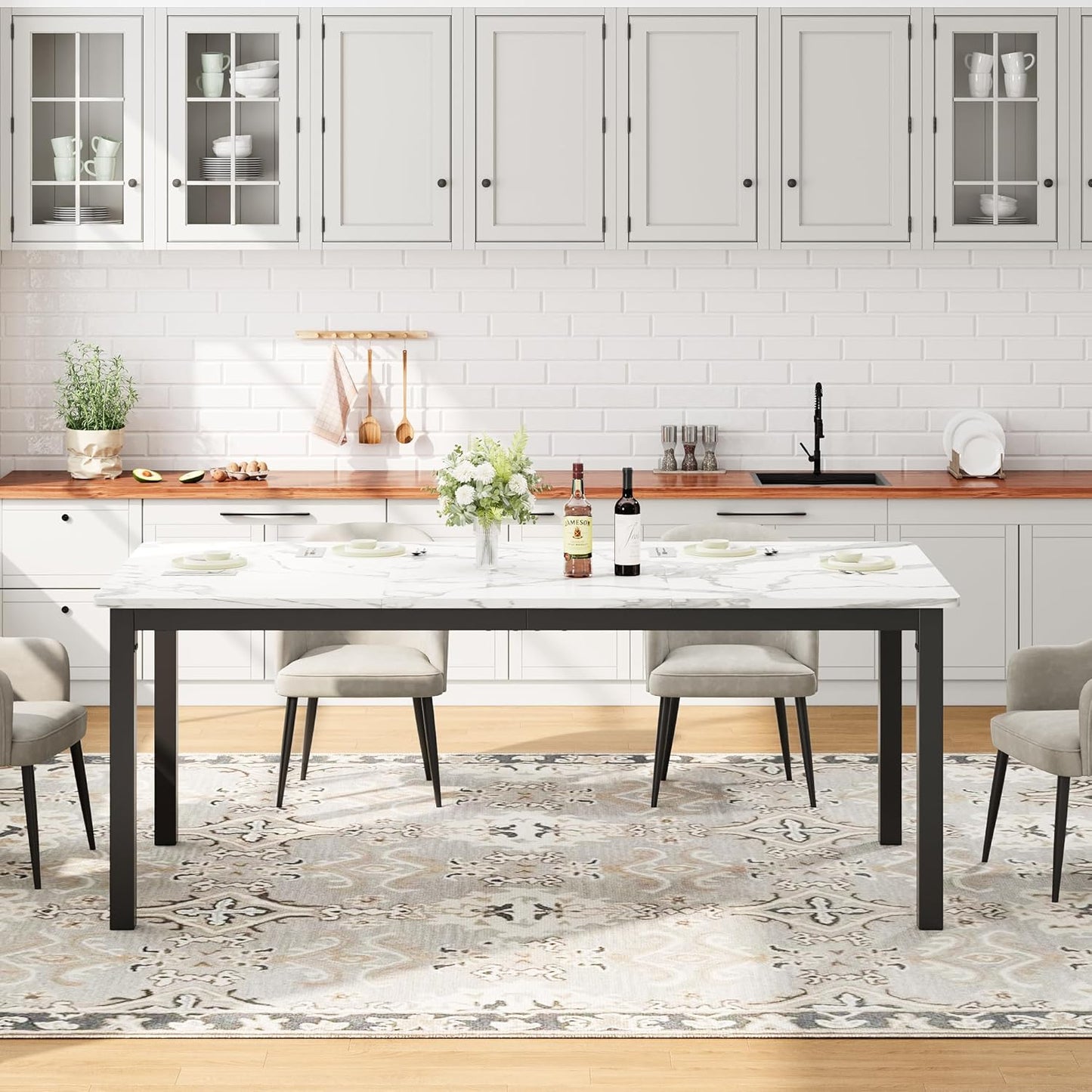 GarveeHome 70.8in Industrial Dining Table for 6, Wooden Long Dinner Table with Mortise Tenon Design, Kitchen Table with Sturdy Metal Legs, for Dining Room Home Office Living Room, White