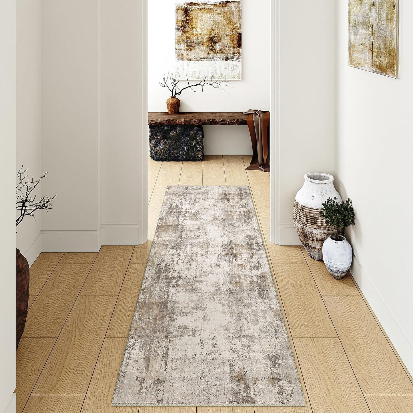 3x10 Washable Runner Rug Brown Grey Neutral Abstract Hallway Kitchen Living Room Bedroom Non Slip Throw Rug Soft Low Pile Indoor Carpet for Entrance Laundry Bathroom