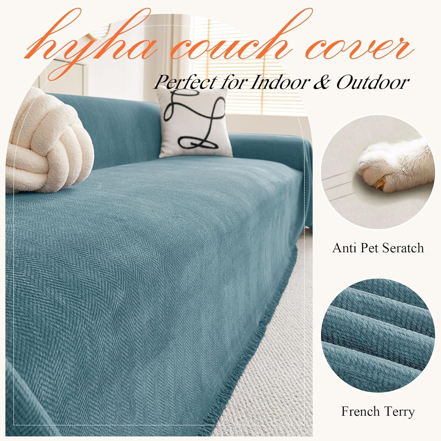 hyha Couch Cover for Dogs, Boho Sofa Covers for 3 Cushion Couch Washable, Chenille Sofa Slipcover for Pets, Soft Loveseat Sectional Couch Throw Blankets with Tassels (Blue, 88.5x134 Inch)