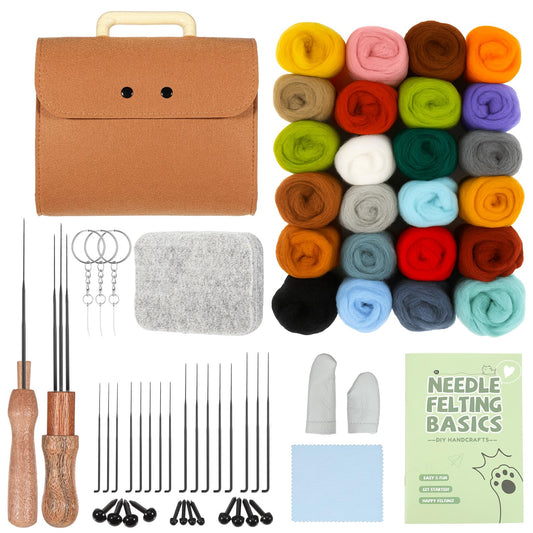 Oqqlin 62 Pcs Needle Felting Kit, Felting Kits for Beginners Adult Including 24 Colors Wool Roving, Felt Needles, Felt Pad, Needle Handles, Finger Beds, Keychains, Fake Eyes, Storage Bag, Instruction