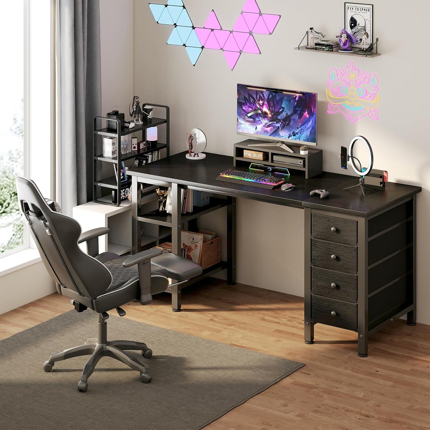 Lufeiya Gaming Desk with 4 Fabric Drawers & Storage Shelves, 47 inch Computer Writing Work Study Desk for Home Office Bedroom, Modern Simple Student PC Desks Table, Black
