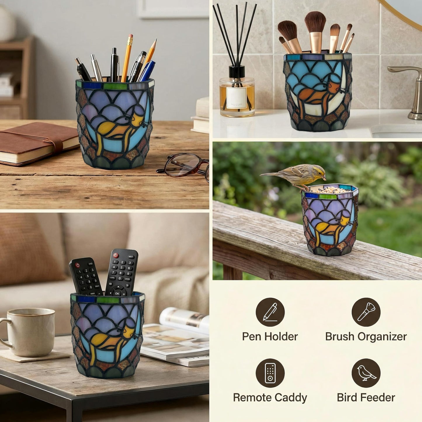 Entlityful Stained Glass Hanging Cat Planter Pot, Orange Sleeping Cat Small Hanging Plant Pots Indoor, Blue Moon Flower Pot Plant Gifts