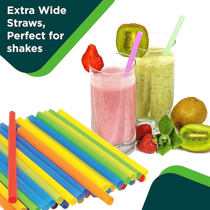 9" Wide Mouth Milkshake/Smoothie Straws/Assorted Neon Colors - Pack of 105ct (105)