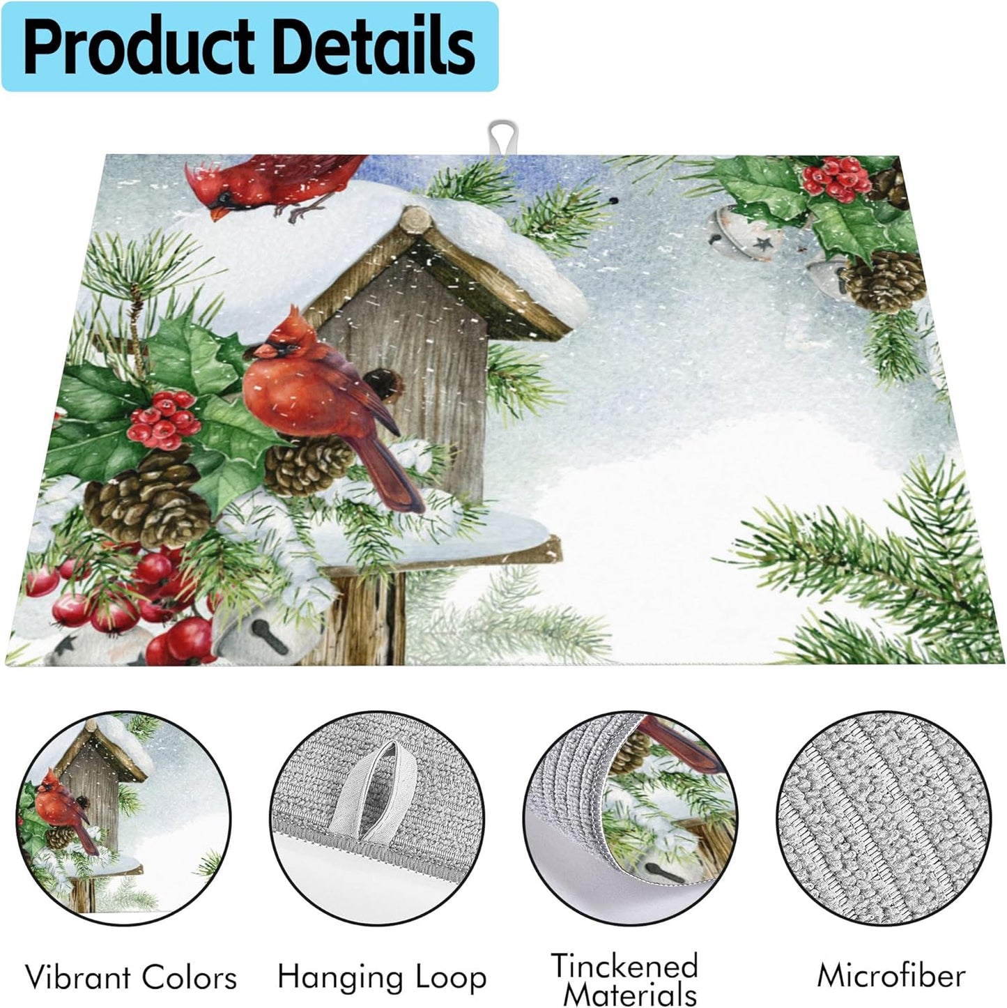 Large Dish Drying Mat for Kitchen Counter,Winter Cardinal Birds Dish Drying Mat,Christmas Red Cardinals in Snow Dish Drainer Mat Drying Pad Super Absorbent Reversible Microfiber 18"X24"