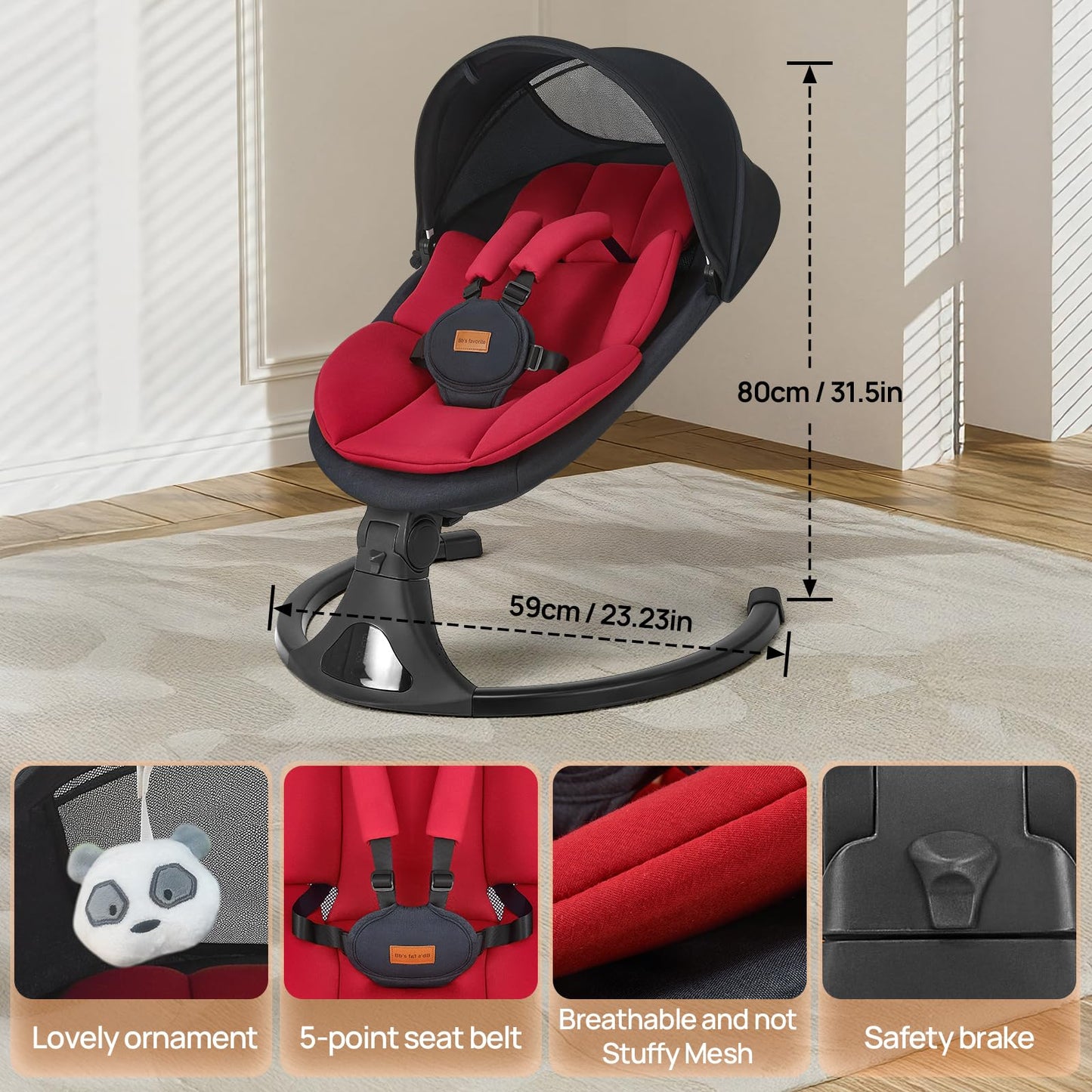 Baby Swings for Infants, Portable Baby Swing for Newborns with Bluetooth, Electric Infant Swing with 5 Speed Motions, 12 Soothing Melodies & Remote Control (Max 20 lbs, Red)