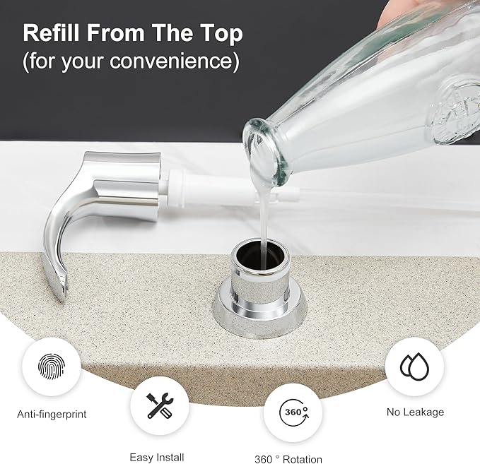GAGALIFE Kitchen Sink Soap Dispenser with Large Bottle, Built in Sink Soap Dispenser Refill from Top, Chrome G080C