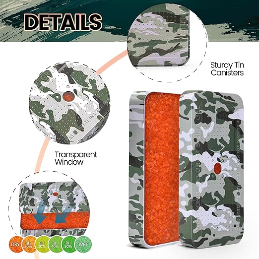 100 Gram Camouflage Gun Safe Dehumidifier Silica Gel Canister Rechargeable Dehumidifier Desiccant Reusable Indicating Desiccant Moisture Absorber with Visible Window [3PACK]