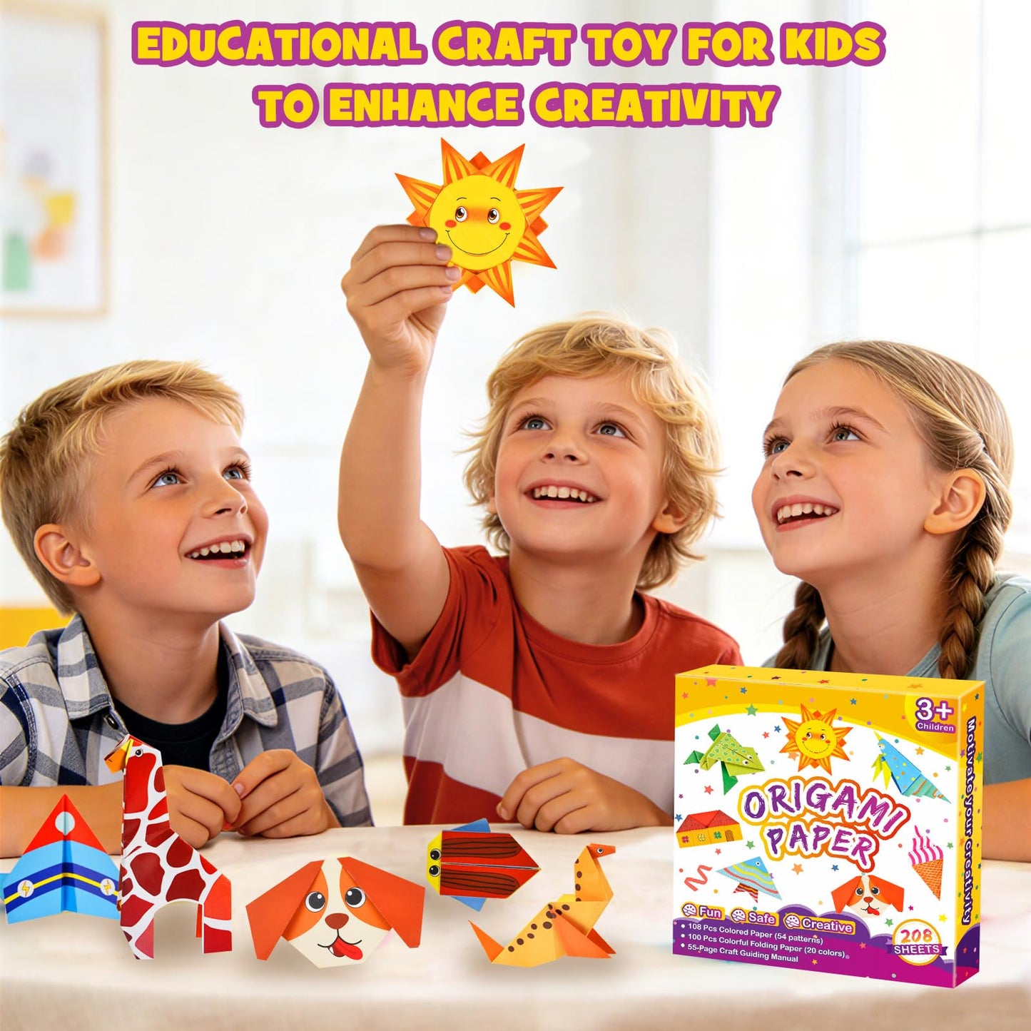 Pigipigi Kids Craft Origami Paper Kit for Kids Ages 5-8 8-12, with Guiding Book, 208 Sheets DIY Art and Crafts Supplies, Colorful Folding Papers Set Projects Gifts Activity for Boy Girl Toys(Cartoon)