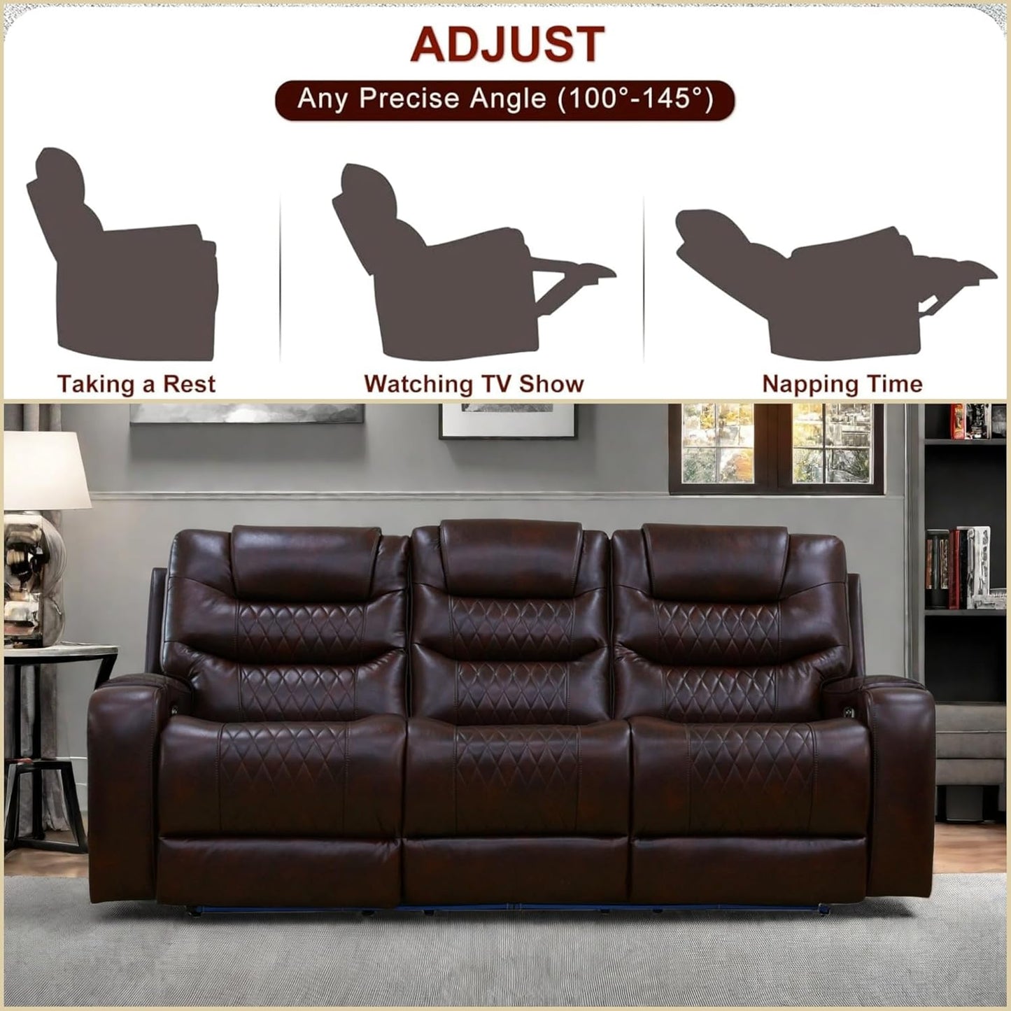 Leather Recliner Sofa Couch, 3-Seater Home Theater Seating Reclining Sofa, Power Reclining Couch with Cup Holders & Drop Down Table for Living Room Furniture Sets, Brown