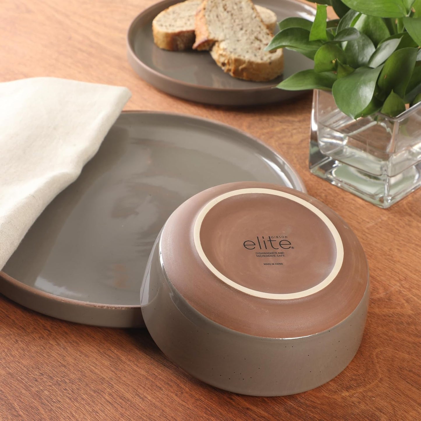 Gibson Elite Northrock Stoneware Dinnerware Set, 16-Piece Service for 4 Plates and Bowls Set – Gray Dishes with Hand-Painted Terracotta Base