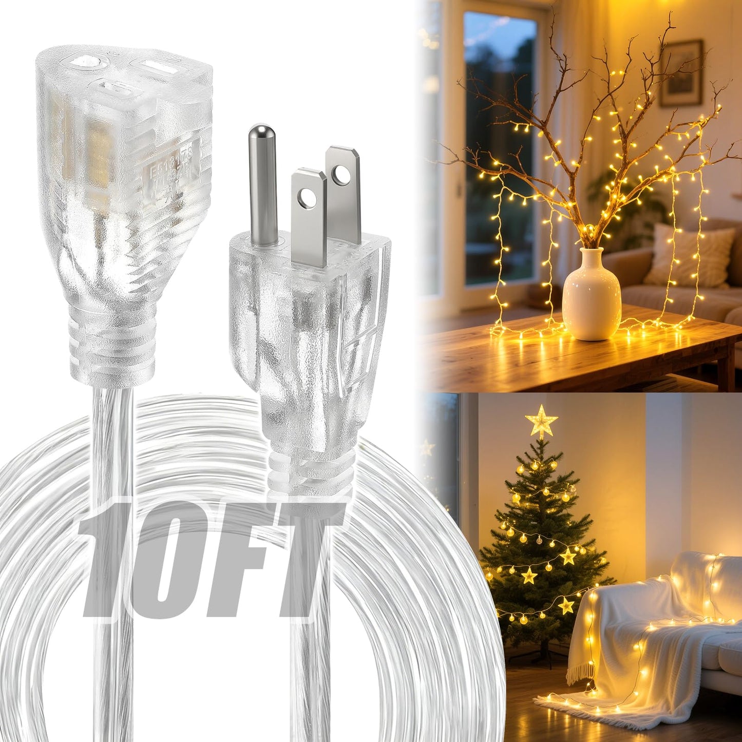 3 Prong Clear Extension Cord - 10 FT Male to Female Invisible Indoor Power Cable, UL-Certified, 2 x 18 AWG 250V 6A