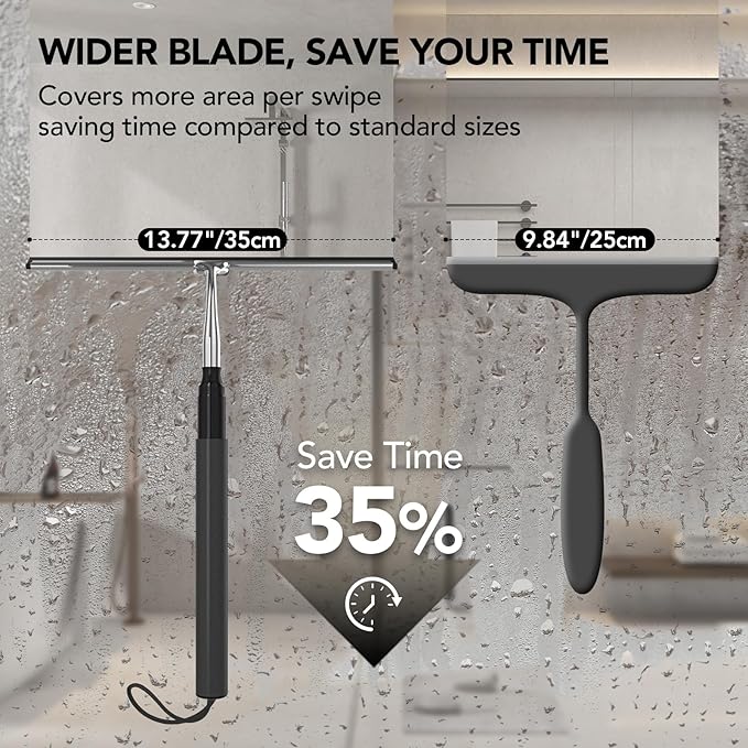 Shower Squeegee with Long Handle, 15-51" Telescopic Squeegee for Window Cleaning, Window Squeegee for Glass Doors, Extendable Window Cleaner Tool for Tile Walls, Sliding Door, Floor, Car Windshield